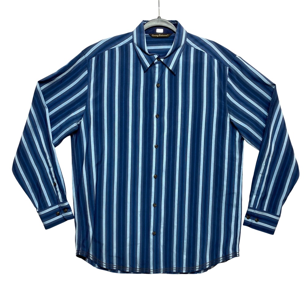 Tommy Bahama Silk Wool Blend Shirt Mens Medium Blue Long Sleeve Stripe Button Up